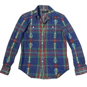 Polo Ralph Lauren Beaded Shirt Southwestern Aztec Blue Plaid Button Down Top XS